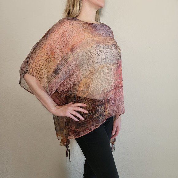 Cocoon House 100% Silk Top One Size OS Poncho Wrap Sheer Tunic Small Medium Lg - Picture 5 of 11